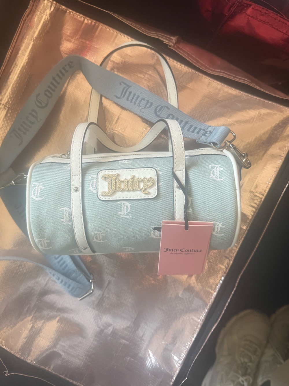 Juicy Couture Light Blue Mini Barrel Bag with Logo Strap